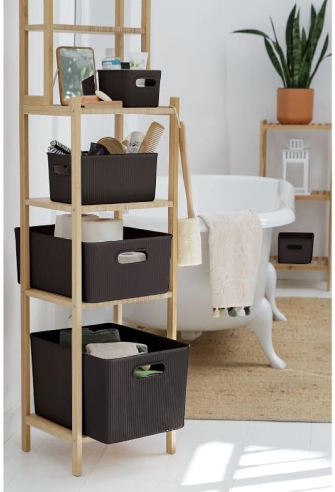Decorative Plastic Basket Lidded Home Storage Bins Organizer Baskets, X-Large Brown (1 Pack - 22 Liter) Stackable Container Box, for Organizing Closet Storage Bins for Shelves - Ribbed Collection