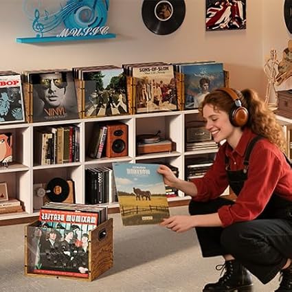 X-cosrack Acrylic Vinyl Record Storage Crate, Visible Record Holder Crate, Classic Cube Album Storage Box, Record Shelf Organizer with Handle Great for Storing Vinyl Record LP's/Albums