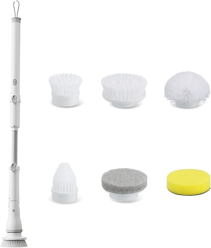 FixtureDisplays® 30-49" Adjustable Electric Spin Scrubber, Cordless Cleaning Brush with Extendable Arm 6 Replaceable Cleaning Heads, Power Shower Scrubber for Bathroom, Tub, Tile, Floor 15757-NPF