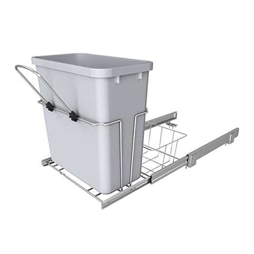 Rev-A-Shelf 20 Quart Pullout Kitchen Cabinet Metal Wire Sliding Universal Trash Can with Rear Basket for Waste Disposal and Organization RUKD-1420RB-1