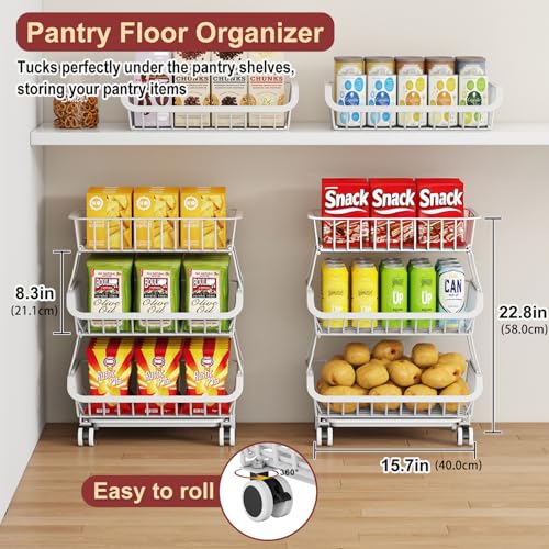 3-Tier Rolling Pantry Cart with Wheels, Stackable Wire - Image 4