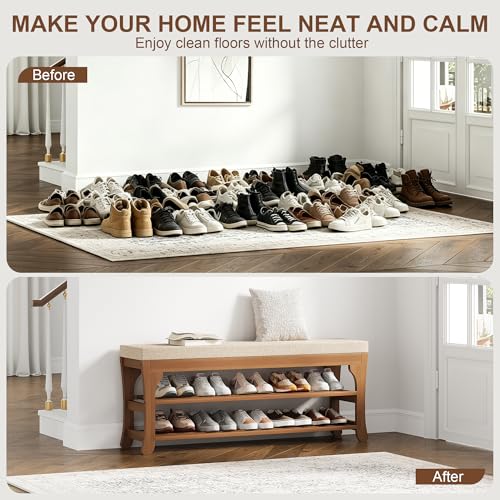 39.4" Shoe Storage Bench with Cushion, Bamboo Shoe Rack Bench - Image 7