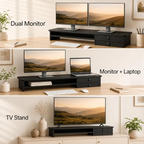 Dual Monitor Stand, 42.5 Inch Wood Monitor Riser with Drawers - Image 7