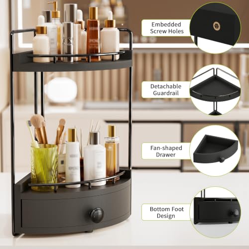 2-Tier Corner Bathroom Counter Organizer with Drawer, Black - Image 7