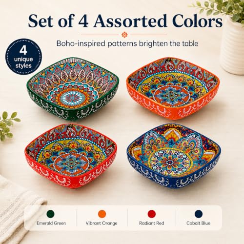 Bohemian Ceramic Bowl Set of 4, 12 oz Square Bowls - Image 8