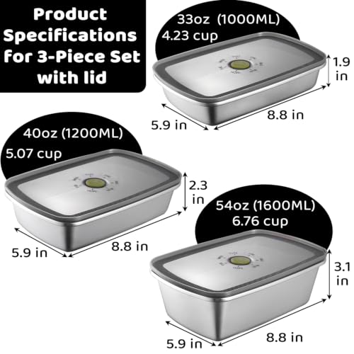 3-Piece 304 Stainless Steel Food Storage Containers with Lids - Image 3