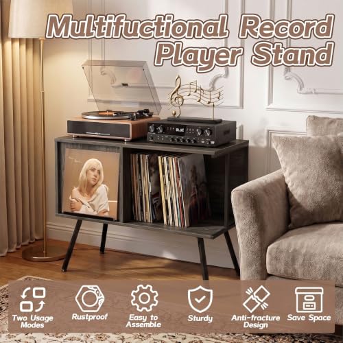 Record Player Stand with Flip-Down Record Shelf, Gray - Image 7