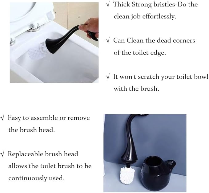 Ceramic Toilet Brush and Holder,Cute Bathroom Decor Toilet Bowl Brush Household Cleaning Tool for Bathtub,Black