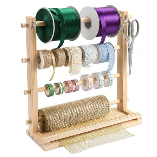 Ribbon Storage Rack Spool Holder Organizer, 4 Tier Wooden - Image 2
