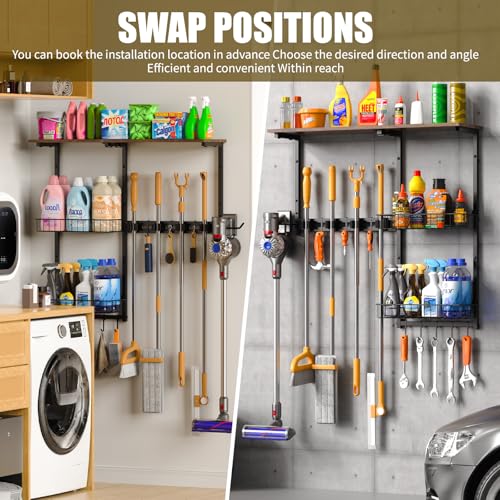 Broom Holder Wall Mount，With A Storage Basket Cleaning - Image 5