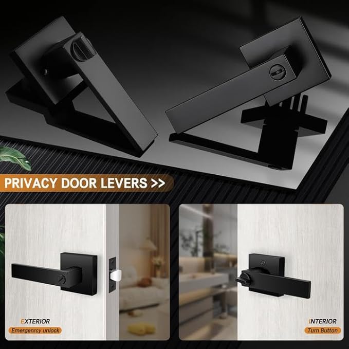 Probrico 10 Pack| Matte Black Door Handles Privacy Door Levers, Heavy Duty Bed and Bath Door Locks Interior Keyless Locksets, Reversible Flat Levers with Square Rosette
