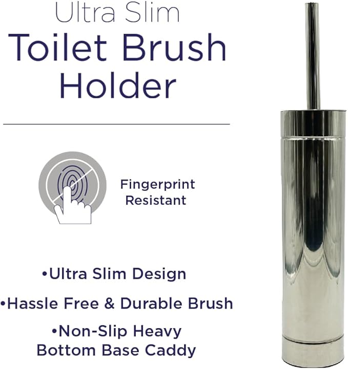 Toilet Bowl Cleaning Brush and Holder with Lid, Slim Design, 304 Stainless-Steel, Fingerprint-Proof, Rust Resistant, Heavy-Weight Base (2 Pack, Chrome)