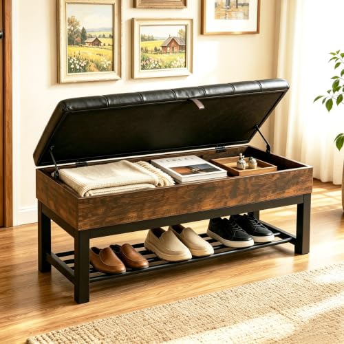 43.3'' Storage Bench with Shoe Rack, Tufted Entryway Bench - Image 2