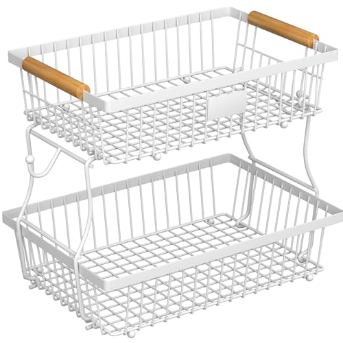 2 Tier Fruit Basket for Kitchen Counter with 2 Banana Hangers - Image 2