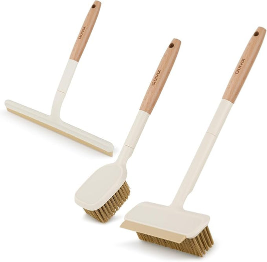 3 Pack Hard Bristle Scrub Brush Set with Long Wooden Handle, 2-in-1 Heavy-Duty Scrubbing Brushes with Scraper Strip, Glass Shower Squeegee, Cleaning Brush for Bathroom, Shower, Floor, Bathtub, Walls
