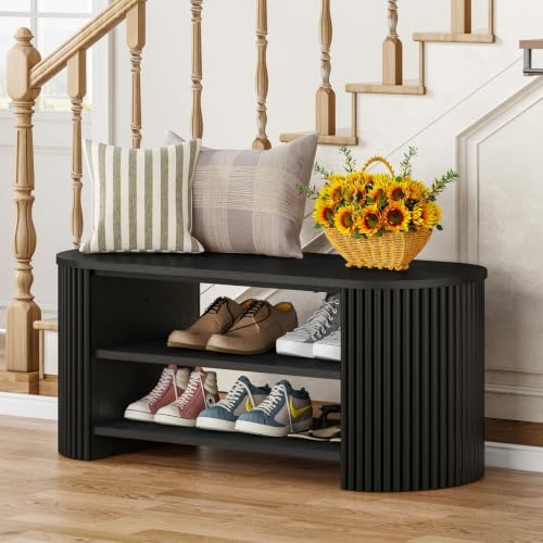 Oval Fluted Entryway Bench, Wood Shoe Bench | Home Organization - Image 6