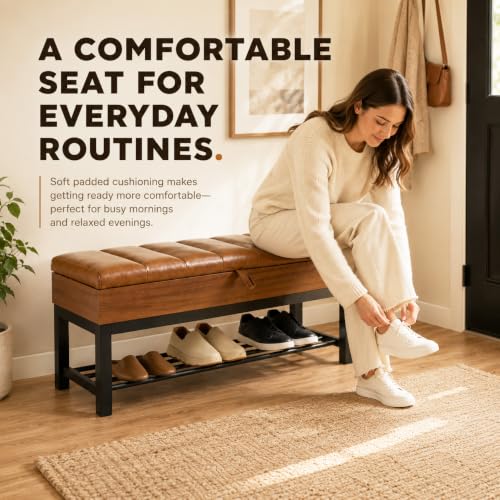 43.3'' Storage Bench with Shoe Rack, Tufted Entryway Bench - Image 5