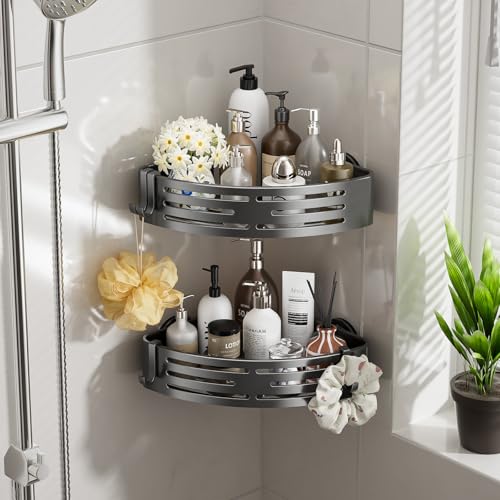 Corner Shower Caddy Suction Cup,Shower Shelves with Hooks - Image 3
