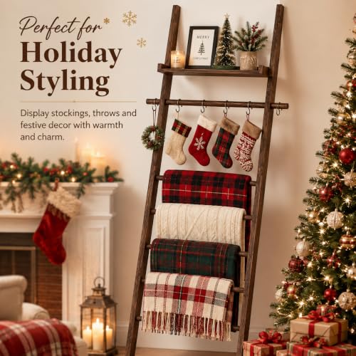 6-Tier Farmhouse Wooden Blanket Ladder with Shelf | Garage Storage - Image 7
