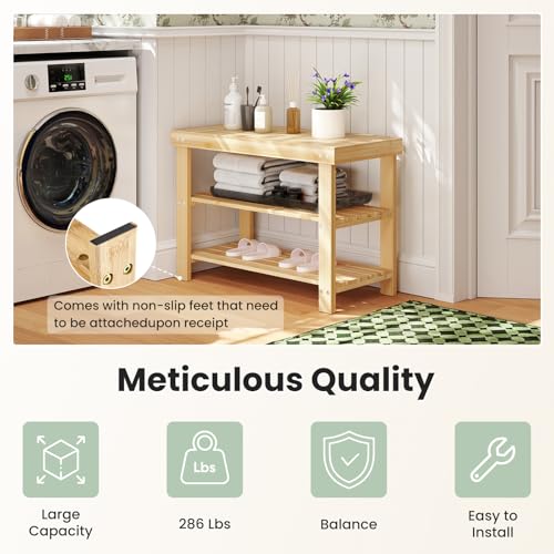 DUMOS Shoe Rack Bench with Storage, 3-Tier Bamboo Entryway - Image 4