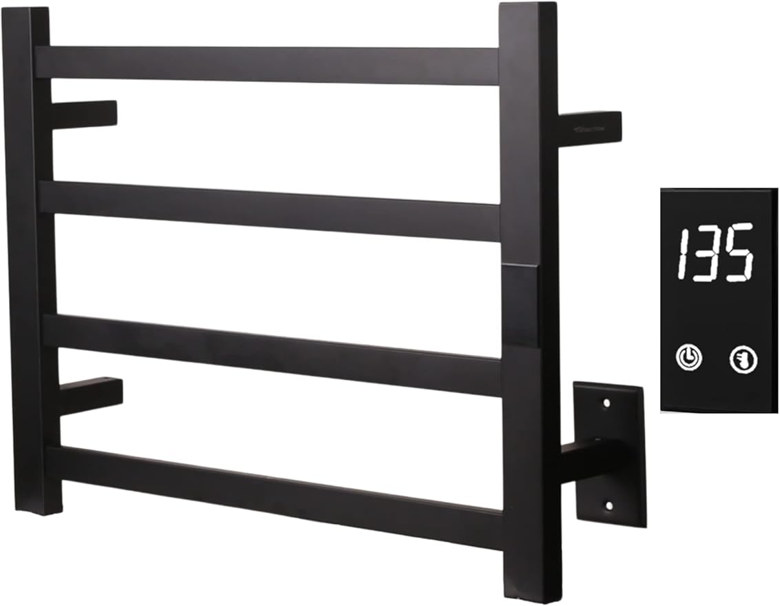 Electric Towel Warmer | Super Thin | with Timer & Temperature Multi-Level Adjustments | Hardwired & Plug-in | 4 Bar Matte Black Finish