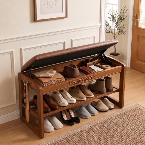 Solid Wood Shoe Rack Bench with Flip-Top Storage Padded - Image 2