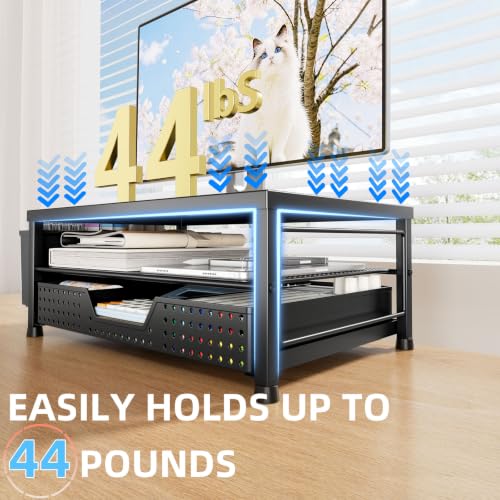 2-Tier Monitor Stand with Drawer, Metal Desk Riser, Black - Image 7