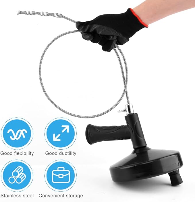 33ft Drain Clog Remover, Drain Hair Remover with Gloves, Rotating Handle Flexible Plumbing Snake Cleaner Tool for Kitchen,Bathrom and Shower (Black)