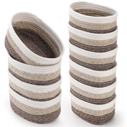10 Pack Small Woven Baskets, Cotton Rope, White, Natural Linen - Image 1