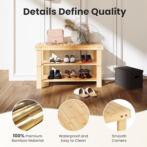 DUMOS Shoe Rack Bench with Storage, 3-Tier Bamboo Entryway - Image 5