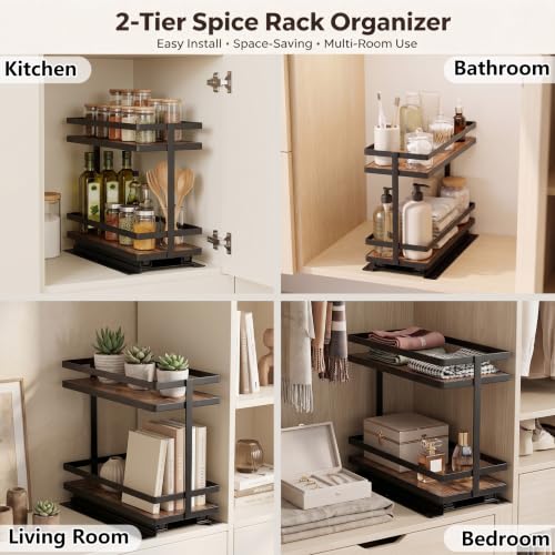Pull Out Spice Rack 2Pcs Metal & Wood Seasoning Organizer Black - Image 3