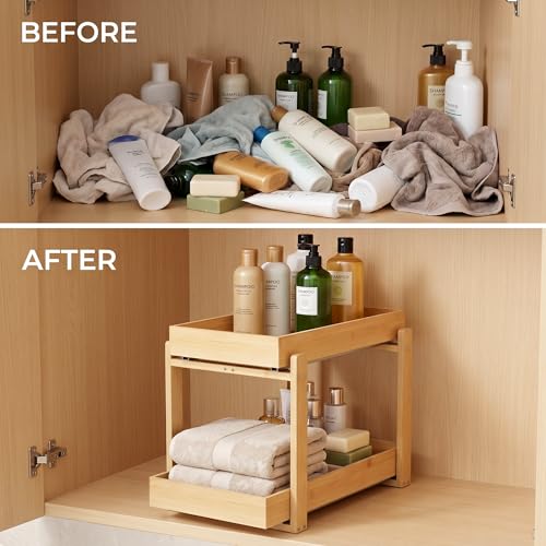 Bamboo Under Sink Organizer Adjustable Height 2 Tier Bathroom - Image 7