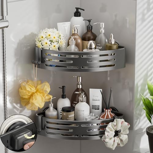 Corner Shower Caddy Suction Cup,Shower Shelves with Hooks - Image 2