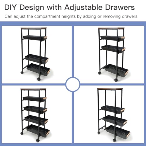 5 Tier Narrow Slim Rolling Cart Wood Top Storage Cart Black - Image 5