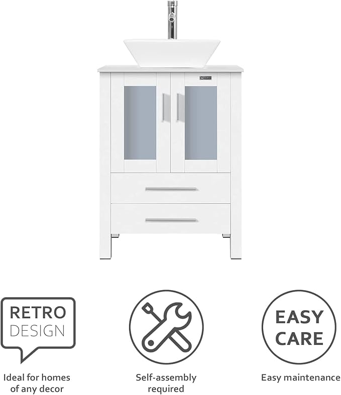 eclife 24" Modern Bathroom Vanity Sink Combo Freestanding Cabinet with Soft Closing Door, White Square Ceramic Vessel Sink, Water Save Faucet, Drain (White+A07)
