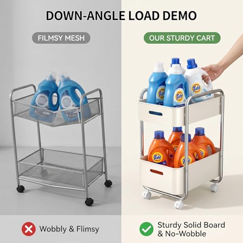 2-Tier Metal Rolling Cart Under Desk Storage Wheels Cream White - Image 4