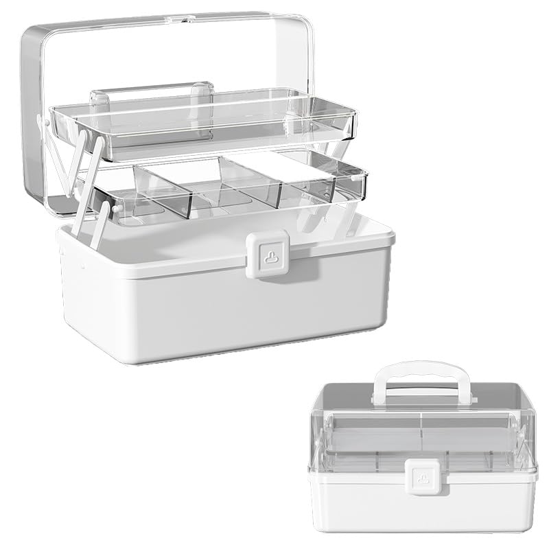 Large 3-Layer Craft Storage Box with Handle, White - Image 1