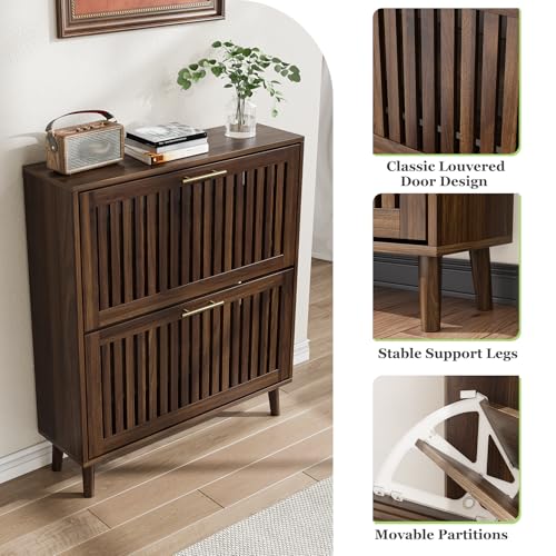 Shoe Cabinet, Shoe Storage Cabinet with Louvered 2 Flip Drawers - Image 6