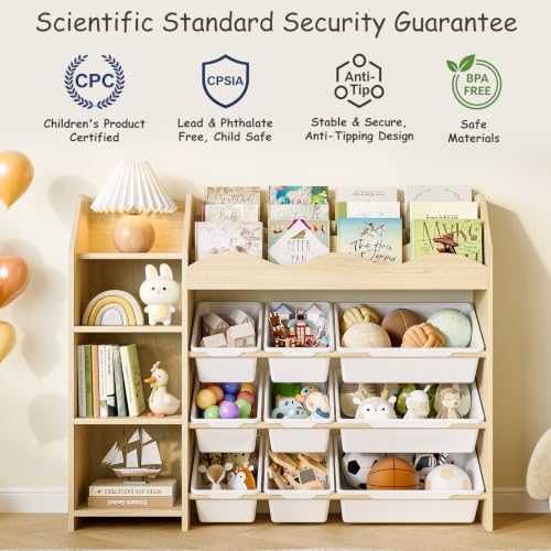 Toy Storage Organizer, Scalloped Bookshelf, 4 Toy Shelves, 9 Bins - Image 6