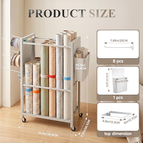 Adjustable Wrapping Paper Organizer Cart with Hooks & Slap Bands - Image 3