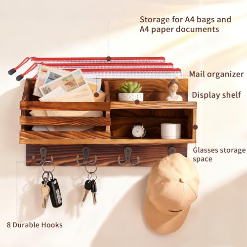 Solid Wood Key and Mail Holder for Wall, Brown - Image 5