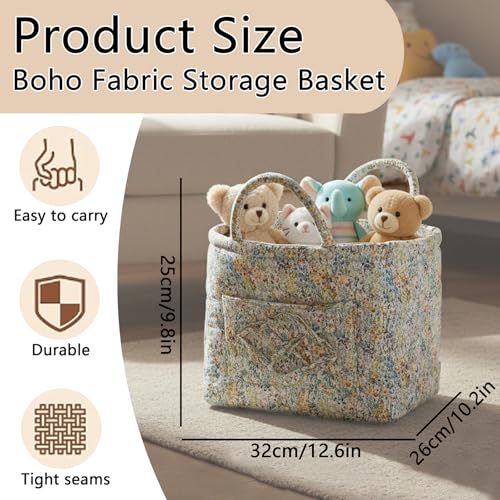 Quilted Fabric Storage Basket with Handles & Pocket - Image 3