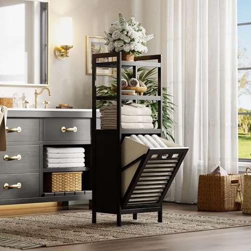 HITNET Tilt Out Laundry Hamper, Bamboo Bathroom Cabinet with Pull - Image 3