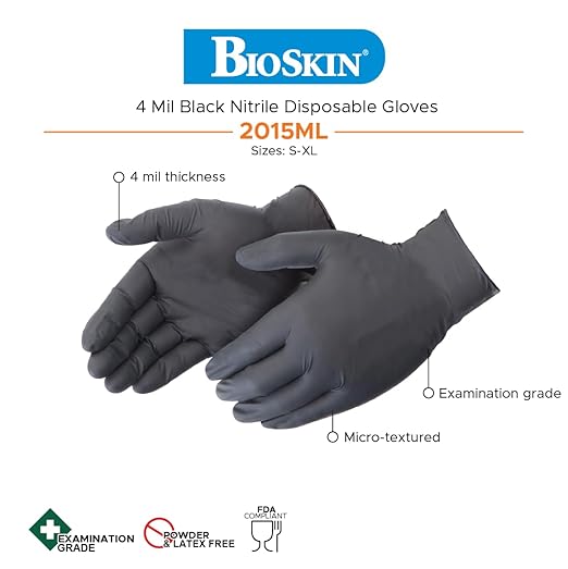 BioSkin Nitrile Exam Grade Disposable Gloves, 4 Mil - Small | Powder-Free, Chemical + Puncture Resistant, Textured | for Medical, Industrial, Janitorial, Food Service (Box of 100)