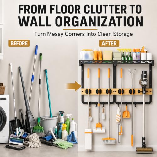 Broom and Mop Holder Wall Mount With Shelf and Vacuum Holder - Image 6