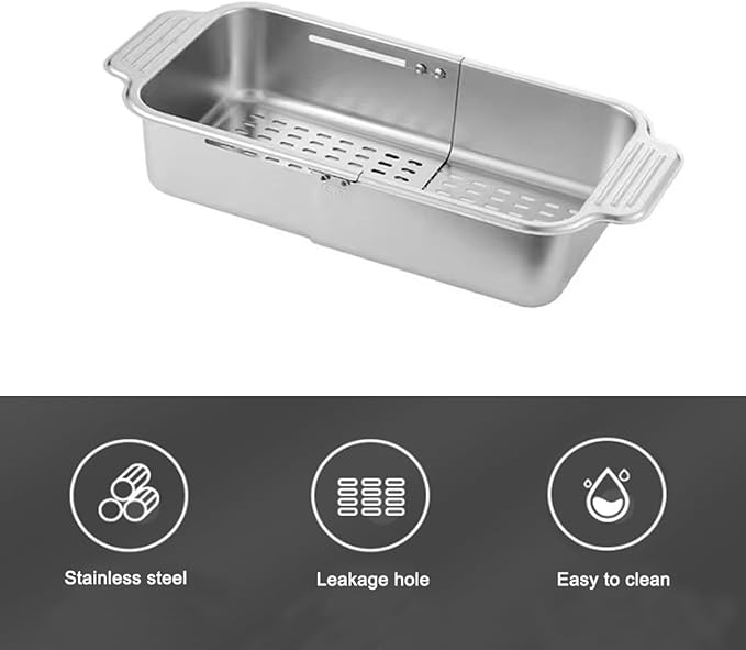 Stainless Steel Extendable Colander Strainer, Metal Washing Basket for Vegetable and Fruit, Easy to Clean, Drain Quickly (L)