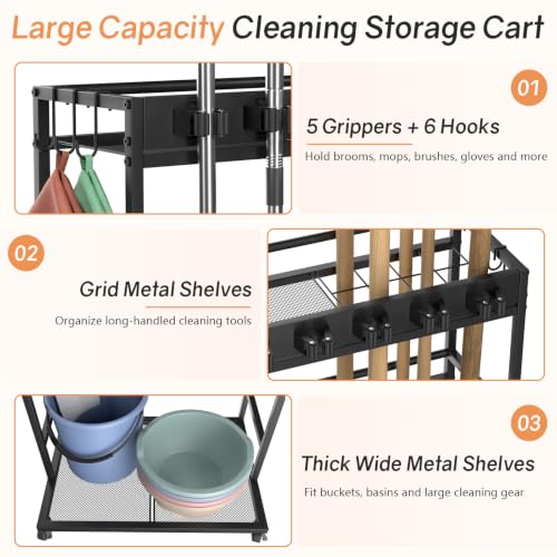 Cleaning Supply Organizer & Broom Holder, Cleaning Cart on Wheels - Image 4