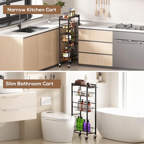 4 Tier Slim Rolling Storage Cart with Pull-Out Baskets, Narrow - Image 7