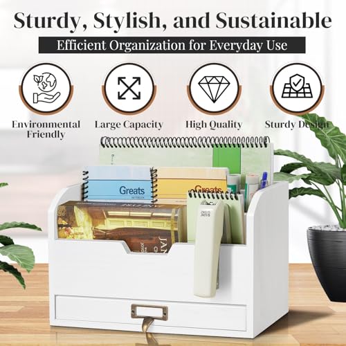 Flexzion Wood Desk Organizer, 3-Tier Mail Organizer with Drawer - Image 4