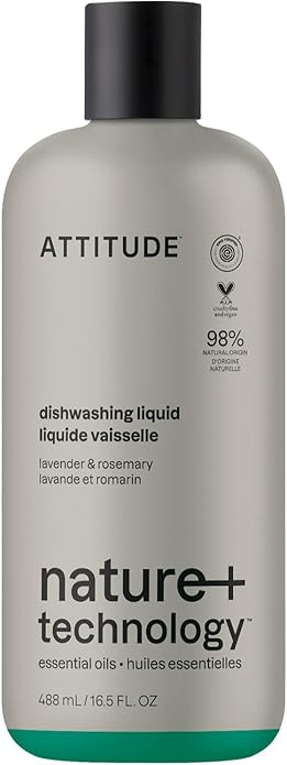 ATTITUDE Dish Soap, Infused with Essential Oils, Plant-Based Ingredients, EWG Verified, Great for Clean and Sparkling Dishes, Vegan Dishwashing Liquid, Lavender & Rosemary, 16.5 Fl Oz